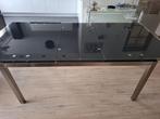 Glazen eettafel met roestvrijstalen onderstel, Ophalen, Gebruikt, 50 tot 100 cm, Glas