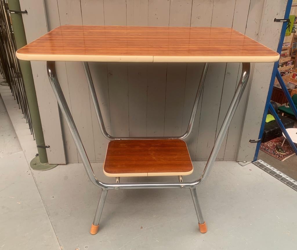 Vintage chromen audiotafel bijzettafel tafel hout, Ophalen, Gebruikt, 55 tot 75 cm, Onbekend