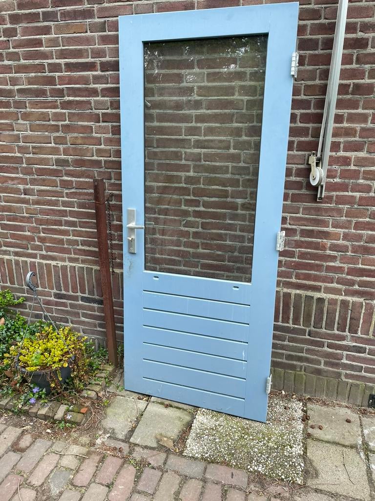 Hard houten buitendeur 211  x 88 rechtsdraaiend, Ophalen, 200 tot 215 cm, Glas, Buitendeur