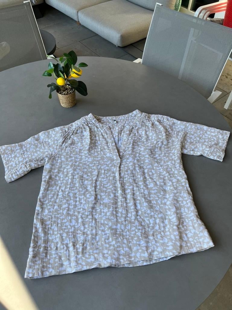 Khaki/beige/wit mousseline Hema blousje, maat L, Kleding | Dames, Blouses en Tunieken, Verzenden, Beige, Maat 42/44 (L), Zo goed als nieuw