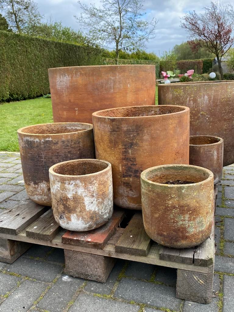 Partij 12 winterharde bloempotten roestlook diverse maten, Tuin en Terras, Bloempotten, Ophalen, Overige materialen, Gebruikt