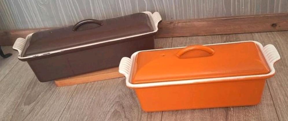 Set 2x LE CREUSET paté terrine, gietijzer  24 en 28cm France, Ophalen of Verzenden, Gebruikt, Gietijzer, Koekenpan of Braadpan