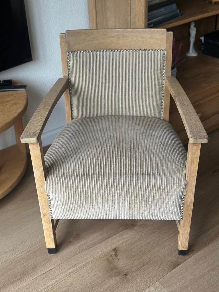 Vintage Fauteuil Amsterdamse School Stijl - Beige Stof, Ophalen, Gebruikt, Minder dan 75 cm, 50 tot 75 cm