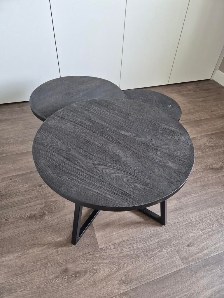 Bijzettafel set van 3, mangohout zwart, Huis en Inrichting, Tafels | Bijzettafels, Minder dan 55 cm, Gebruikt, Rond, Hout