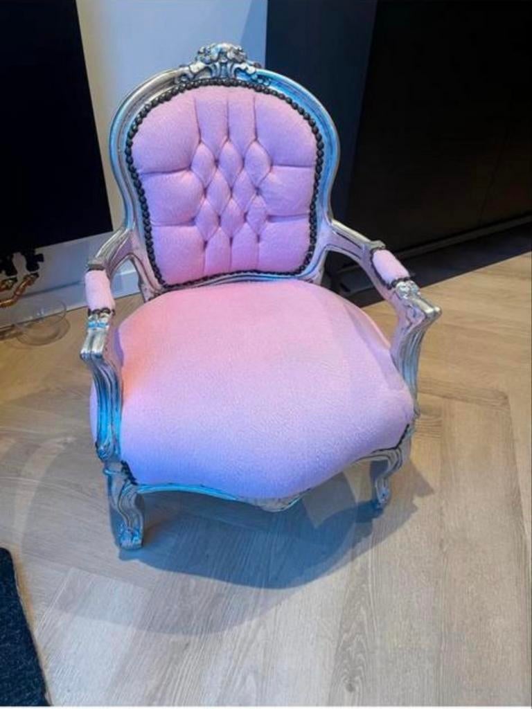Barok kinderstoel - Roze met zilveren frame, Huis en Inrichting, Stoelen, Gebruikt, Eén, Stof, Overige kleuren, Ophalen