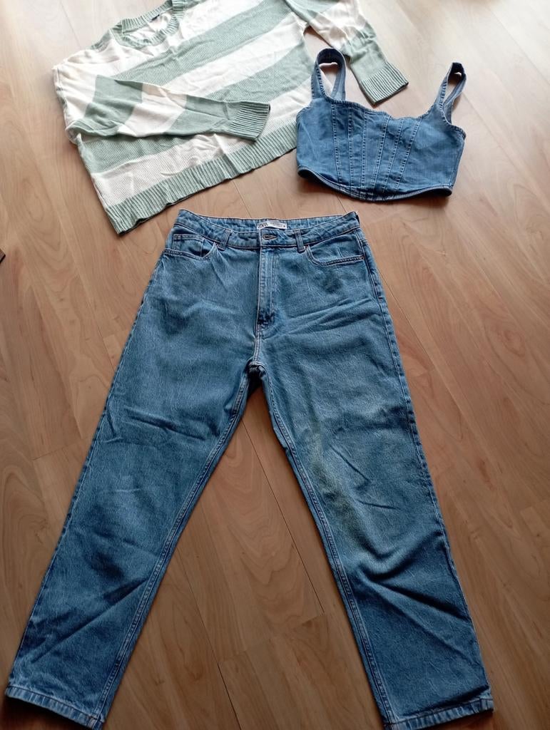 Pakket Zara spijkerbroek, New Yorker spijkertopje H&M trui, Ophalen of Verzenden, Zo goed als nieuw, Blauw, W28 - W29 (confectie 36)