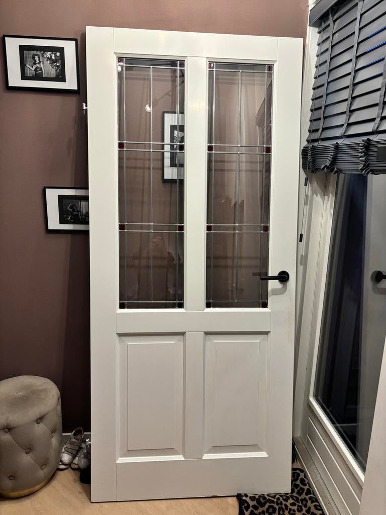 Houten deur met glas in lood, Gebruikt, 80 tot 100 cm, Binnendeur, Ophalen of Verzenden