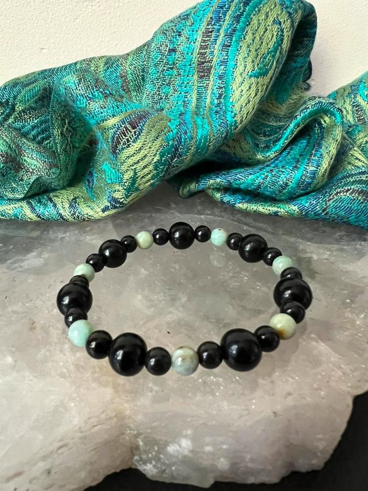 Chrysocolla git jet beschermt aura straling zuivert uniek, Sieraden, Tassen en Uiterlijk, Armbanden, Nieuw, Zilver, Met bedels of kralen