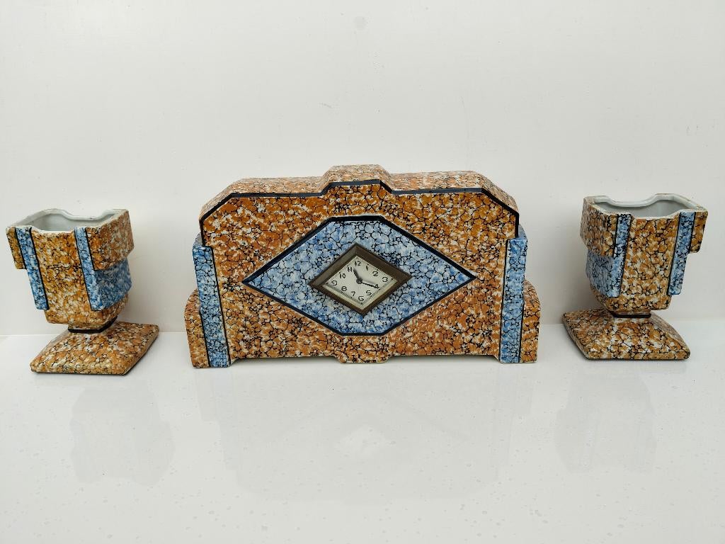 Art Deco Kaststel Klokkenset met vazen (schouwgarnituur), Ophalen of Verzenden