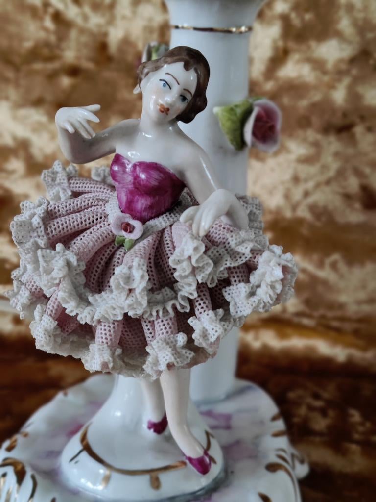 Dresden lamp porselein Brocante met beeldje danseres, Ophalen of Verzenden