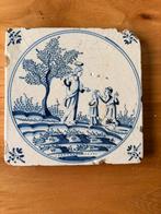 Antieke Delfts Blauwe Tegel met Bijbelse Voorstelling, Antiek en Kunst, Ophalen of Verzenden