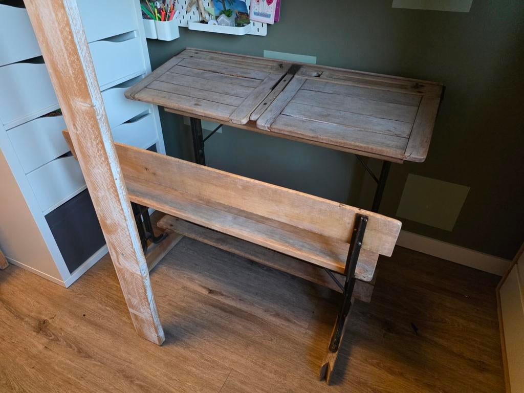 Ouderwetse schoolbank met klep - Vintage houten kinderbureau, Ophalen