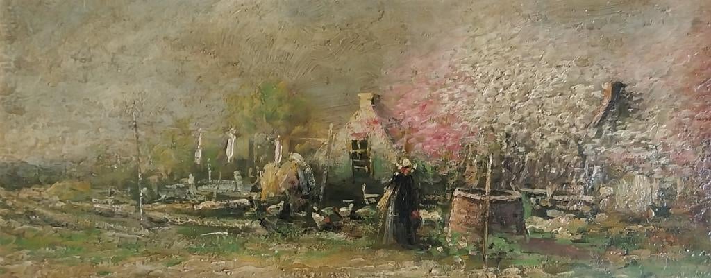 Antony Beek (1882-1954) - Boerin met kippen -  Paneel - 1900, Verzamelen, Foto's en Prenten, Ophalen of Verzenden, Voor 1940, Gebruikt