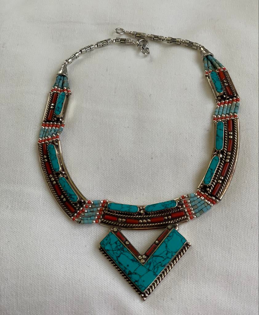 Zilveren ketting Nepal Turquois en Koraal 925, Ophalen of Verzenden, Zilver, Met edelsteen