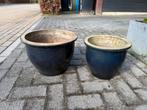 2 Blauw geglazuurde bloempotten, diverse maten, 25 tot 40 cm, Gebruikt, Balkon, Rond
