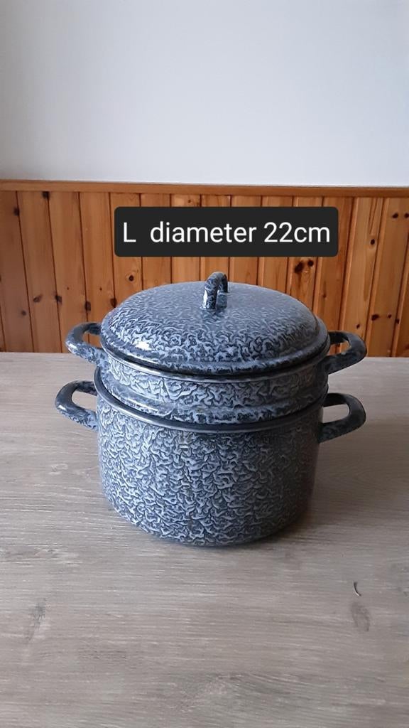 EMAILLE GRIJSGEWOLKTE STOOMPAN DIAMETER 22CM., Antiek en Kunst, Antiek | Emaille, Ophalen of Verzenden