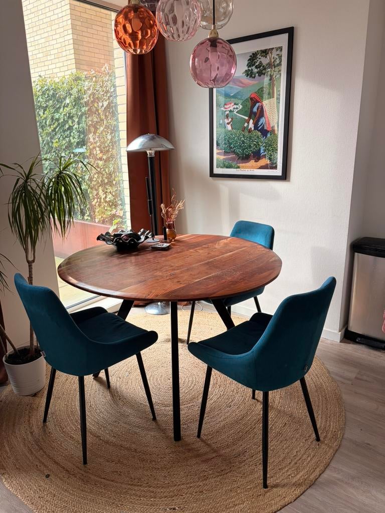 Blauwe eetkamerstoelen (East Side stoelen Kare Design), Huis en Inrichting, Ophalen, Gebruikt, Drie, Blauw