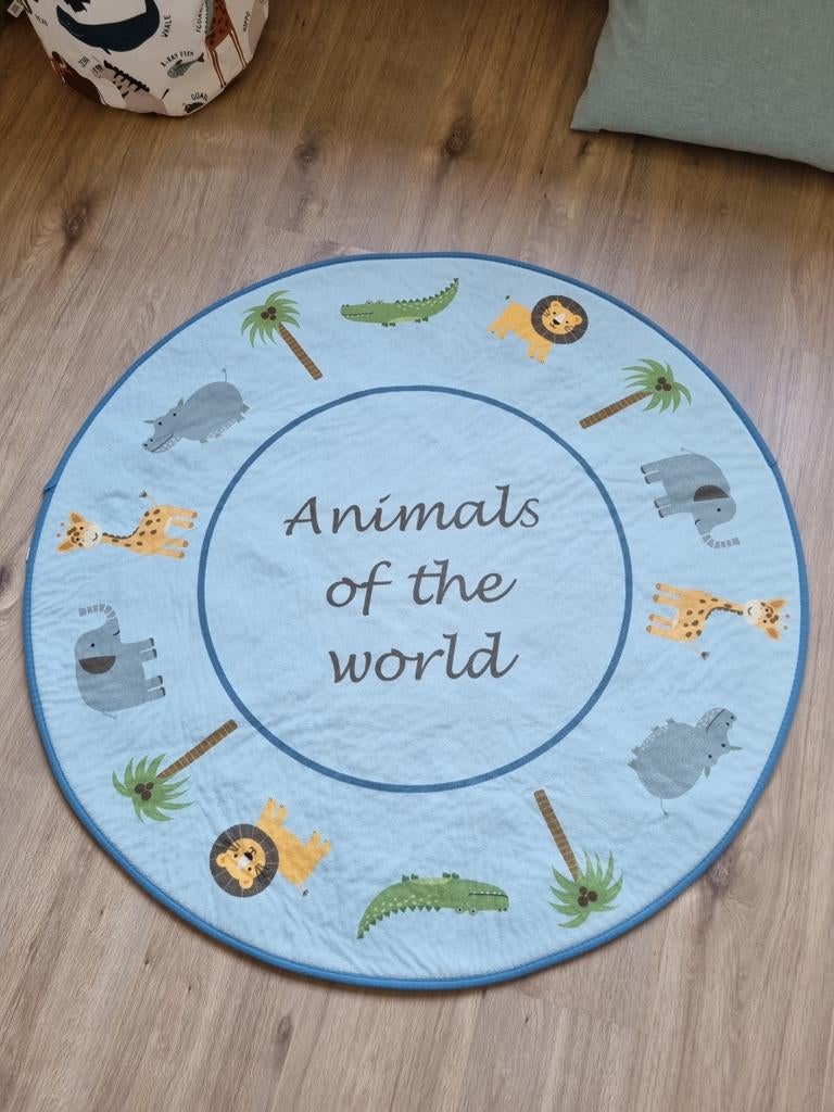 Vloerkleed Kinderkamer Dieren Wereld 100cm Rond, Rond, Ophalen of Verzenden, Zo goed als nieuw, Overige kleuren