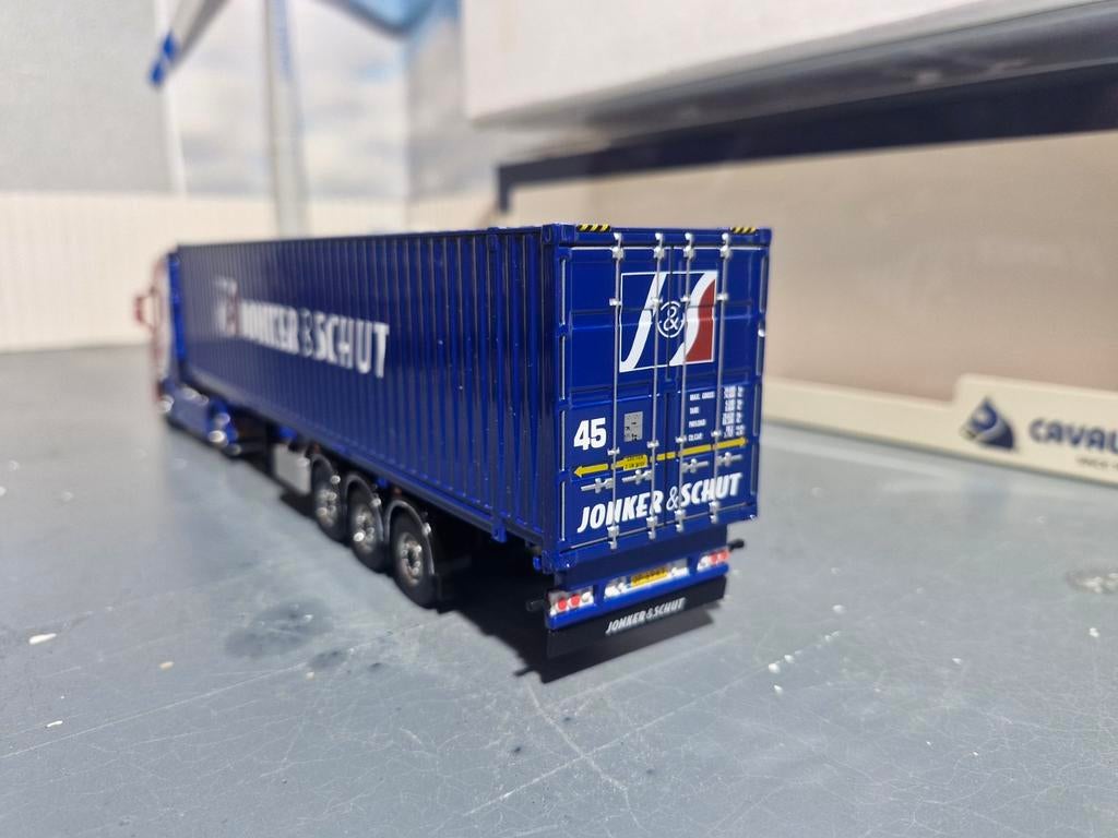 Scania met zeecontainer jonker en schut, Hobby en Vrije tijd, Modelauto's | 1:50, Ophalen of Verzenden, Nieuw, Bus of Vrachtwagen