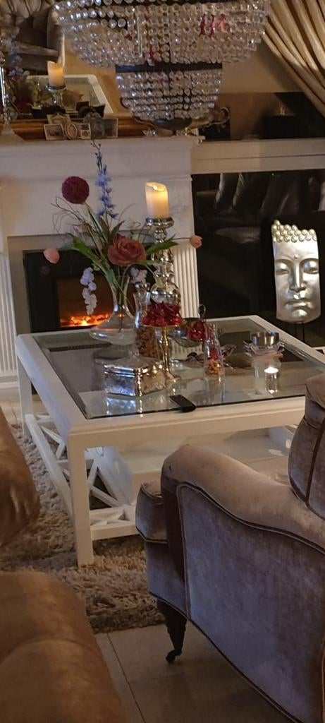 Stijlvolle glazen salontafel. Lengte 160 by 90  kleur wit mn, Huis en Inrichting, Tafels | Eettafels, Gebruikt, 50 tot 100 cm