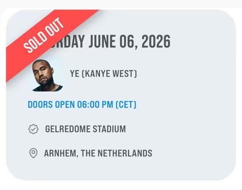 Tickets YE concert - Golden Circle €700,- 6 juni GelreDome, Twee personen, Juni