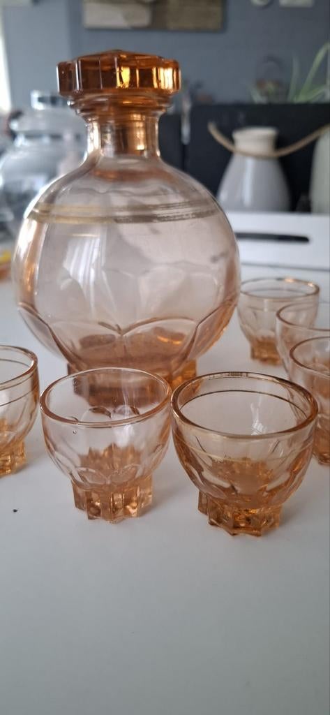 Art Deco Likeurset - Amberkleurig Persglas met Gouden Rand, Ophalen of Verzenden