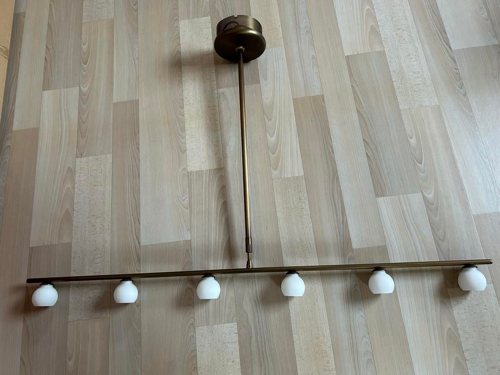 Hanglamp brons met melkglas kapjes, Ophalen, Gebruikt, Glas, 75 cm of meer