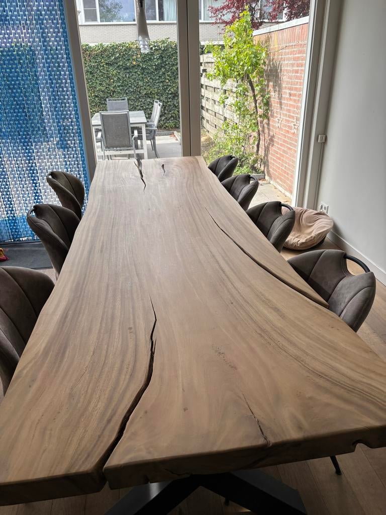 Boomstam eettafel 300x100 cm met ijzeren poten, Ophalen, Gebruikt, 100 tot 150 cm, 200 cm of meer