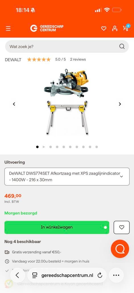 Afkort zaag de walt+stofzuiger de walt, Ophalen, 70 mm of meer, Zo goed als nieuw, Afkortzaag