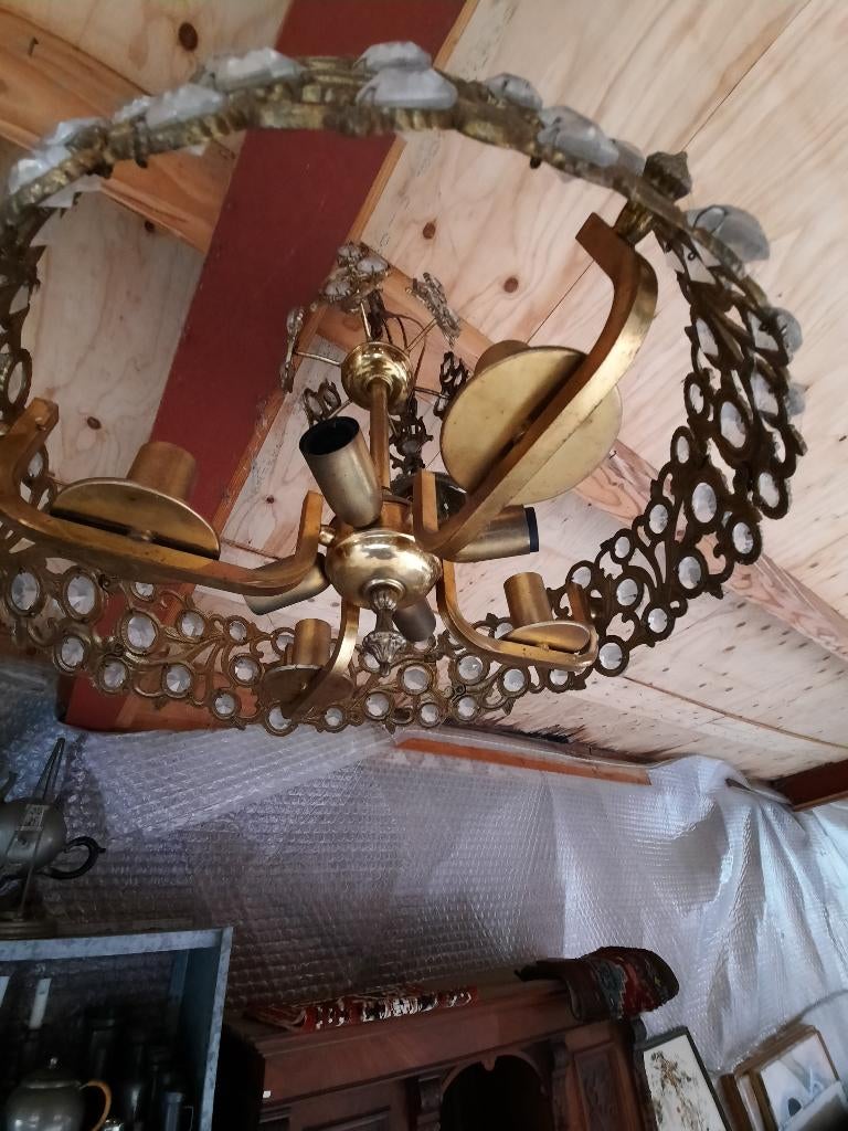 Kroonluchter goud kleur, Ophalen, Gebruikt, Glas, Vintage