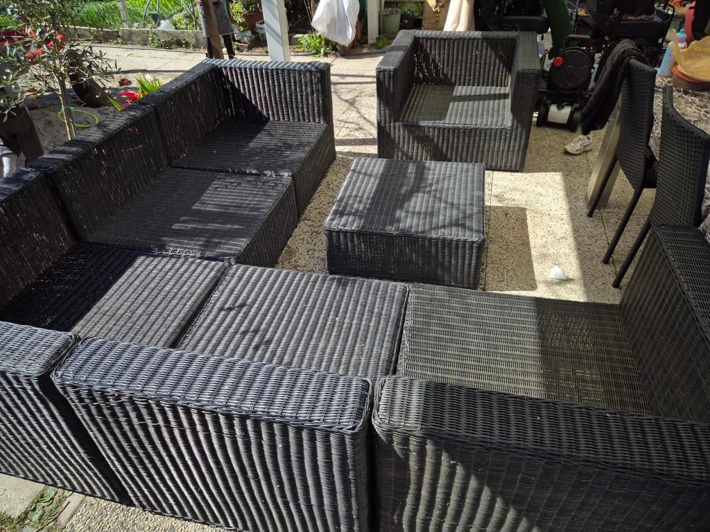 Zwarte Wicker Loungeset met Salontafel en Stoel, Tuin en Terras, Tuinsets en Loungesets, Ophalen, Gebruikt, Meer dan 8 zitplaatsen