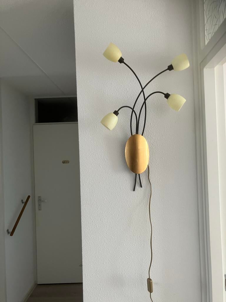 Vintage wandlamp met 4 kelkjes - Jaren '60 design, Ophalen, Gebruikt, Hout