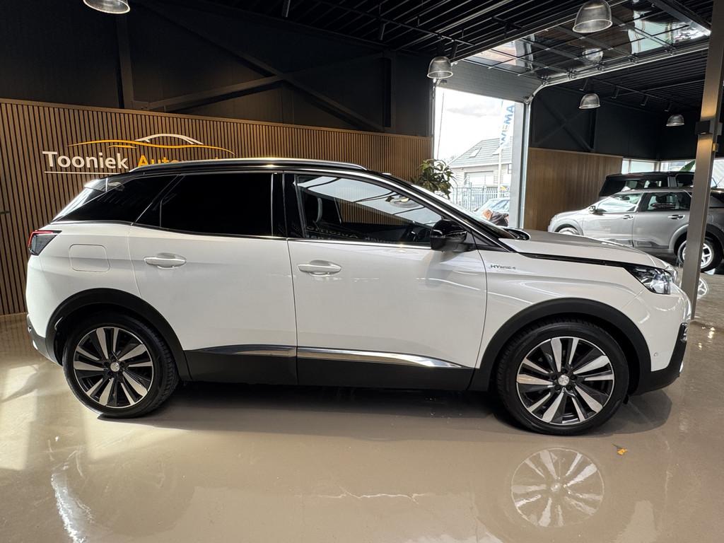 Peugeot 3008 1.6 GT Hybride 4 300 PK AWD Panorama Automaat n, Auto's, Peugeot, Automaat, Gebruikt, Zwart, Leder en Stof