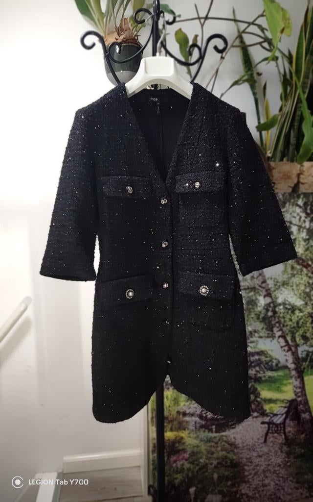 Maje Zwart Tweed Jurkje met Pailletten 36, Kleding | Dames, Zwart, Ophalen of Verzenden, Maat 36 (S), Boven de knie