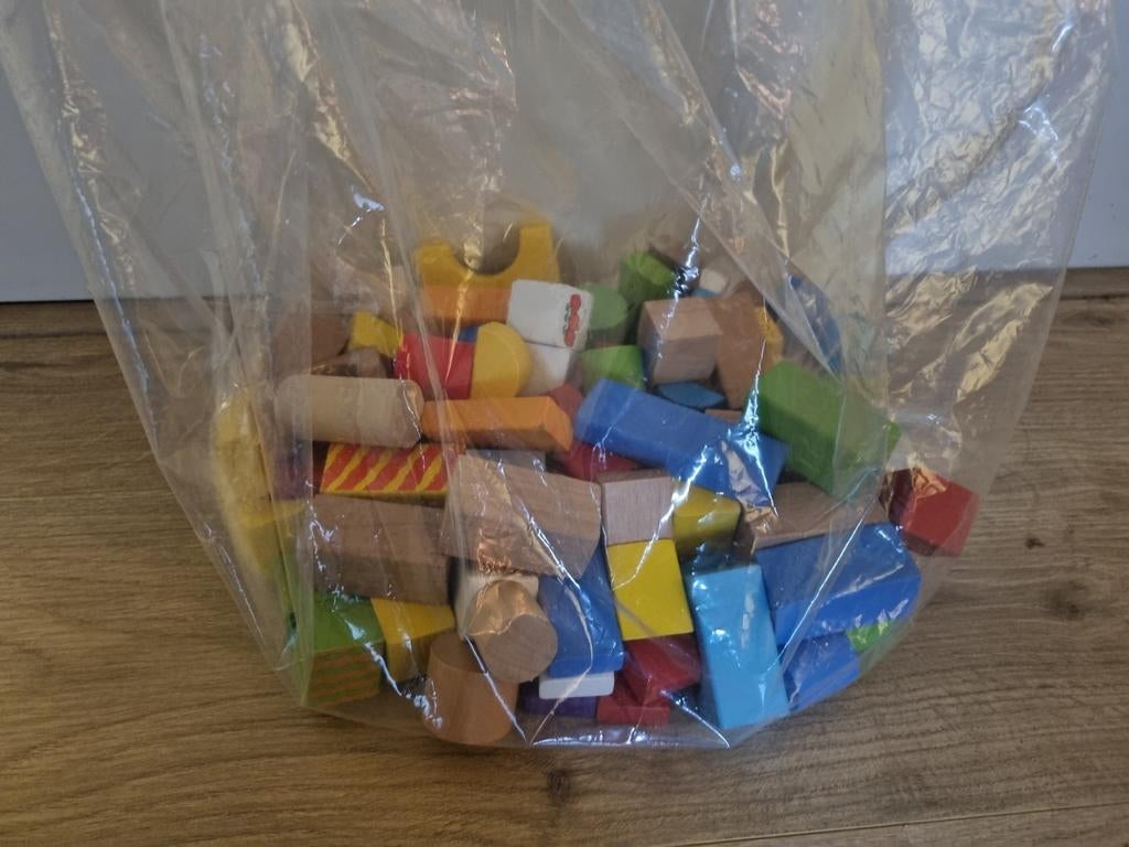 Tas vol houten blokken Woezel en Pip, Ophalen of Verzenden