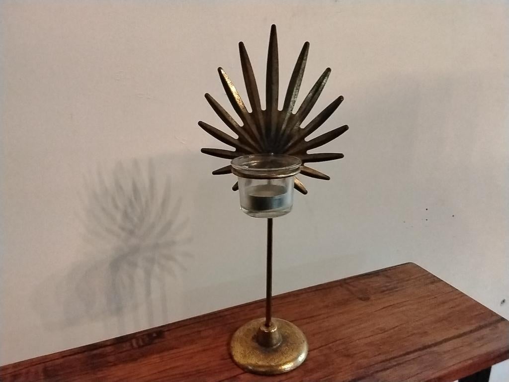 Gouden kandelaar met palmblad design, Huis en Inrichting, Ophalen of Verzenden, Zo goed als nieuw, Metaal, Kandelaar