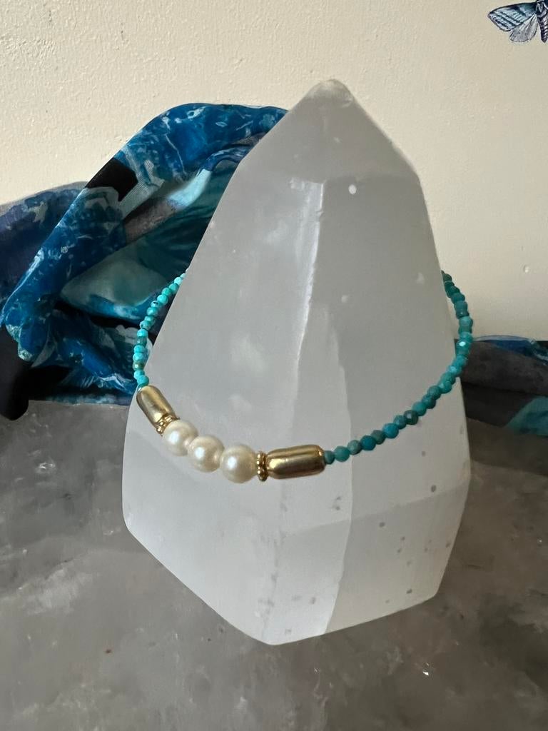 Turkoois turquoise Arizona AKOYA zoutwater parel geluk uniek, Blauw, Ophalen of Verzenden, Zo goed als nieuw, Met bedels of kralen