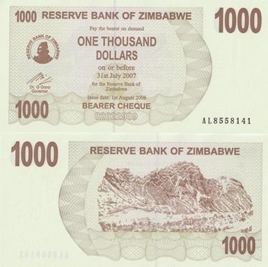 ZIMBABWE 2007 1000 dollars #44 UNC, Verzenden, Zimbabwe, Los biljet