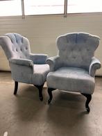 2x lichtblauwe velours oorfauteuils | klassiek chic, D, Gebruikt, 75 tot 100 cm, Ophalen of Verzenden
