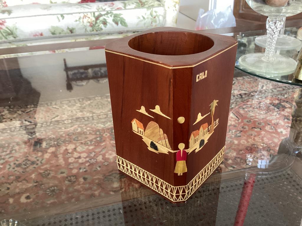 Colombia Maqueterie potje hout hoog 10x7 cm, Ophalen of Verzenden