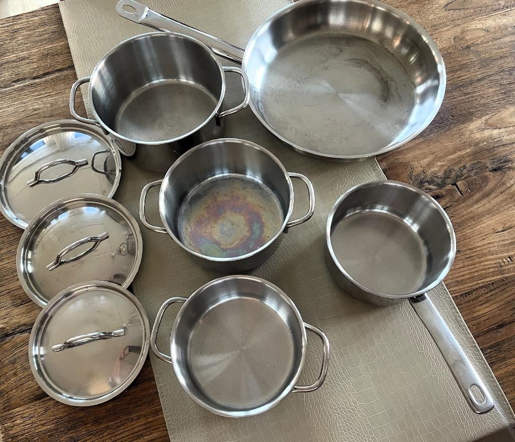 Pannenset: BK pannen en Demeyere steelpan, Gebruikt, Verzenden, Pannenset, Rvs