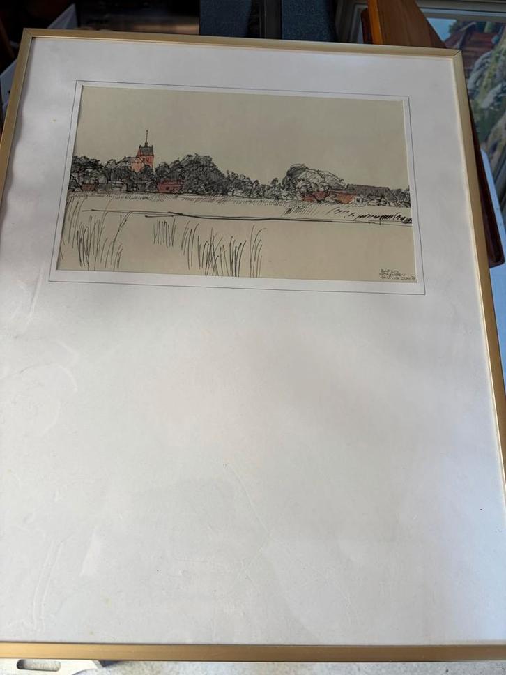 Ingelijste tekening landschap Baflo werk van De Visser 1979, Antiek en Kunst, Kunst | Tekeningen en Foto's, Ophalen of Verzenden