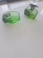 Antiek art deco parfumflesje verstuiver set groen, Ophalen of Verzenden