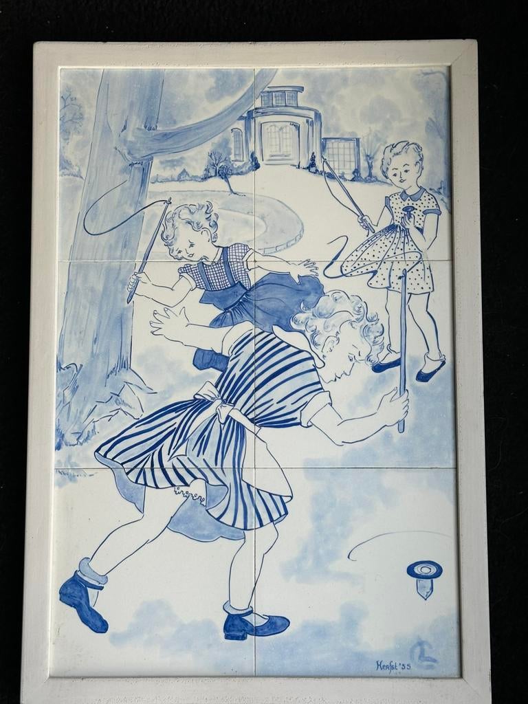 1955 delfts blauw aardewerk schilderij Tollende meisjes, Ophalen of Verzenden