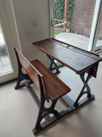 Vintage houten schoolbank en tafel, Huis en Inrichting, Bureaus, Gebruikt, Ophalen