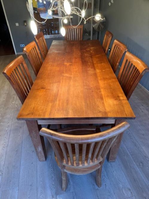 massief grenen houten eetkamertafel + 8 stoelen, Huis en Inrichting, Complete eetkamers, Gebruikt, 8 stoelen of meer, Ophalen of Verzenden