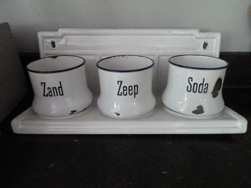 wit emaille Zand Zeep en Soda set, Antiek en Kunst, Antiek | Emaille, Ophalen