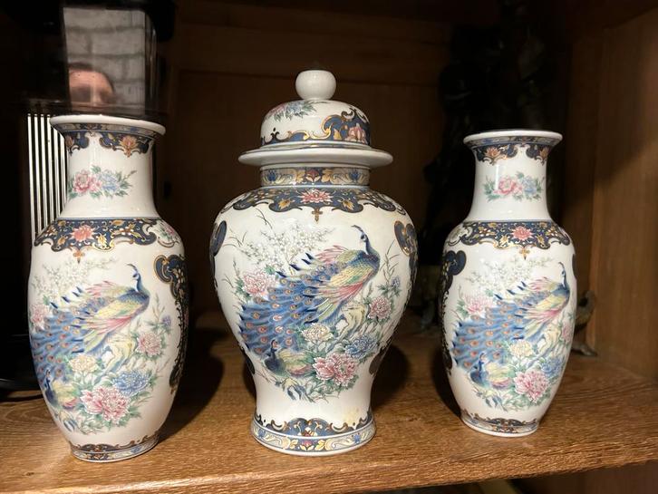 3 Delige Vazen Set met Pauwen, Antiek en Kunst, Antiek | Vazen, Ophalen