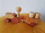 Vintage houten tractor met aanhanger - jaren 70, Verzamelen, Speelgoed, Gebruikt, Ophalen of Verzenden