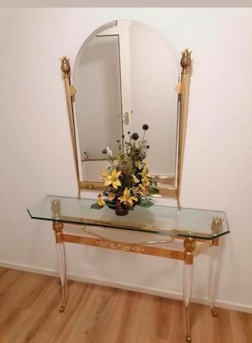 Exclusieve plexiglas bladgoud sidetable met grote spiegel 